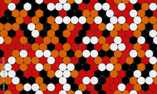 Abstract vibrant red, white, black, and orange circle pattern.  A dynamic, visually striking design perfect for backgrounds, textiles, or website elements.