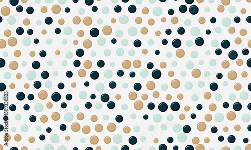 Abstract seamless pattern of scattered circles in navy, beige, and mint green on a white background.  Perfect for website backgrounds, textile design, or playful branding.