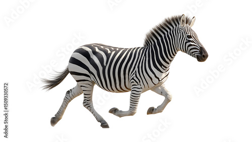 Zebra running isolated on transparent background, showcasing its distinctive black and white stripes in a dynamic pose