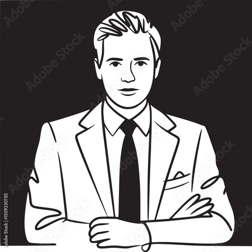 Illustration of a man in a suit with arms crossed against a black background in a white frame