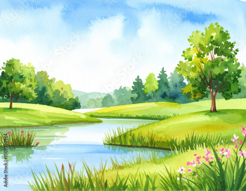 Scenic Serenity: A serene landscape, with watercolor painting depicting a tranquil river winding through rolling green hills, inviting viewers to immerse themselves in natural peace and tranquility