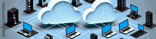Cloud Computing Illustration - Servers and Laptops Connected to Cloud - Data Storage and Network Infrastructure - Modern Technology Concept