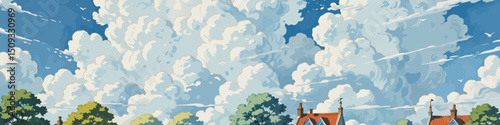 Anime-Inspired Cloudscape Painting- Serene Blue Sky with Fluffy White Clouds- Quaint Rooftops and Lush Trees in a Peaceful Landscape- Perfect for Wall Art