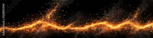 Fiery Energy Stream on Black - Abstract Lightning Bolt - Sparkles and Smoke Effect - Dynamic Power Background - Orange Electrical Charge
