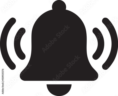 A silhouette of a notification bell with sound waves around it, plain white background.
