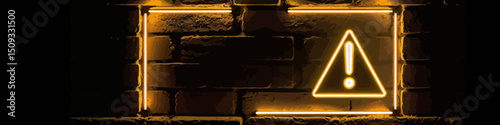 Warning Sign on Brick Wall-Neon Alert Symbol-Caution & Danger Illustration-Bright Light Exclamation Point Design-Industrial Safety Concept