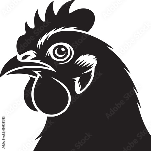 Close up black and white illustration of a chicken head with detailed features and white background