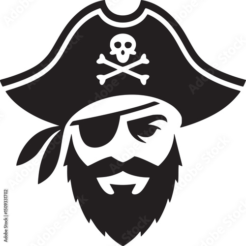 A black and white graphic of a pirate with a hat, beard, and eye patch on a white background