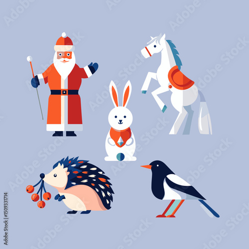 Colorful Christmas characters including Santa, animals, and winter scenes  