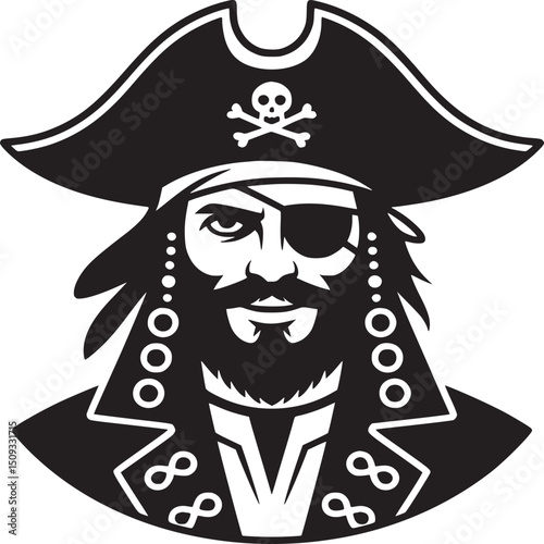 A black and white graphic of a pirate with an eye patch and a hat with a skull and crossbones on it