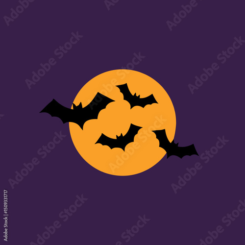 Halloween bats flying in front of a full orange moon on purple background  
