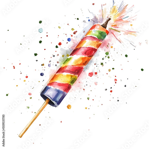 New Years Party Popper, watercolor clipart vector, high quality, isolated on a white background.