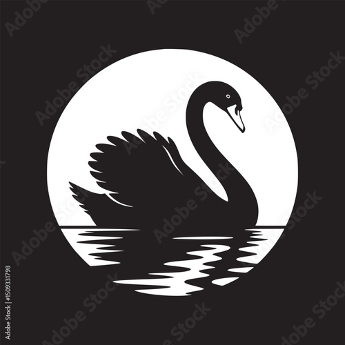 A black swan swimming in water with a white circle behind it on a black background image art
