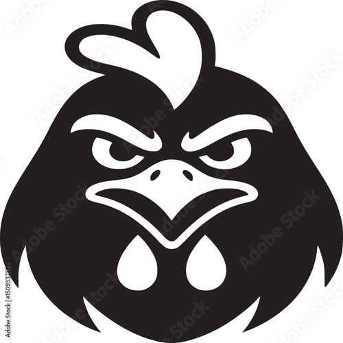 A black and white graphic of an angry looking chicken head with a white background and a pointy beak
