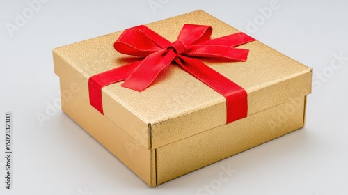 Golden gift box with red ribbon bow, symbolizing luxury and celebration