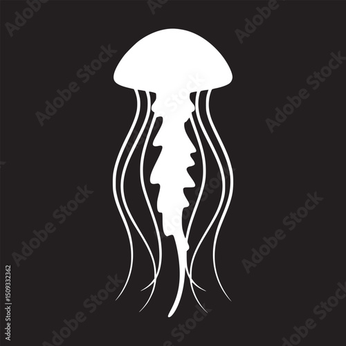 A white jellyfish with long tentacles isolated on a black background in a minimalist style design