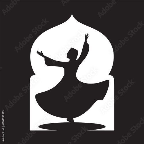 Silhouette of a whirling dervish dancer in front of a white archway against a black background
