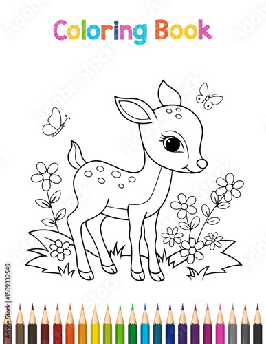 Cartoon Fawn with Flowers and Butterflies Line Art