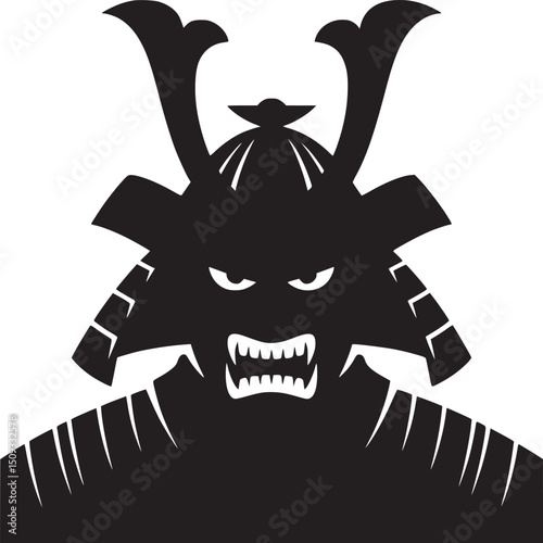 A stark black and white illustration of an angry samurai warrior with a menacing helmet design