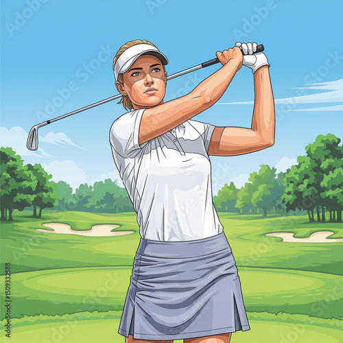 young woman golfer on the course 