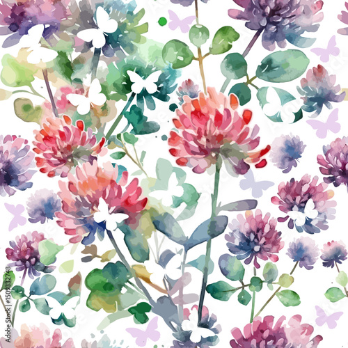 Seamless watercolor pattern with colorful wildflowers. Clover Watercolor Flower with Butterflies. hand drawn. Not AI, Vector illustration