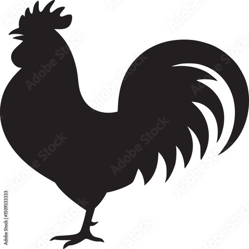 A silhouette of a rooster standing on a white background with its tail feathers displayed out wide