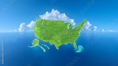 Green Pixelated Map of the United States Above Blue Ocean with Clouds