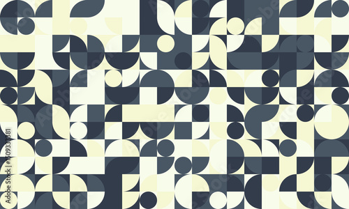 Abstract geometric pattern featuring a dynamic interplay of circles, semicircles, and squares in muted blue and beige tones.  Ideal for website backgrounds, textile design, or modern branding.