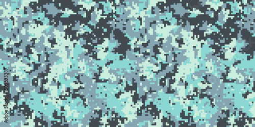 Abstract digital camouflage pattern in cool teal and grey tones.  Perfect for backgrounds, textiles, or militarythemed designs.  Versatile, stylish, and evokes a sense of mystery and concealment.