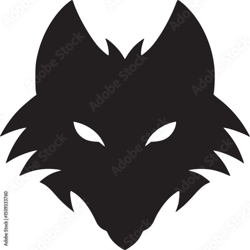 A stark black wolf head silhouette with piercing white eyes against a white plain background space