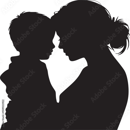Silhouette of a mother holding her child with their foreheads touching in a loving embrace moment