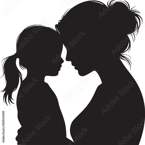 Silhouette of mother and daughter embracing with foreheads touching in black and white image art