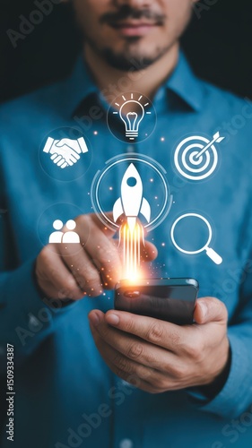 Man launching digital startup from smartphone. Startup launch, innovation, digital entrepreneurship, strategic planning, and business acceleration in the digital age.