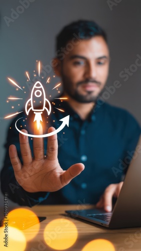 Man interacting with rocket icon representing innovation and startup growth.