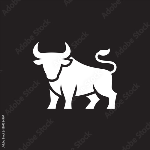 A white bull silhouette with curved horns and a curled tail on a black background image design