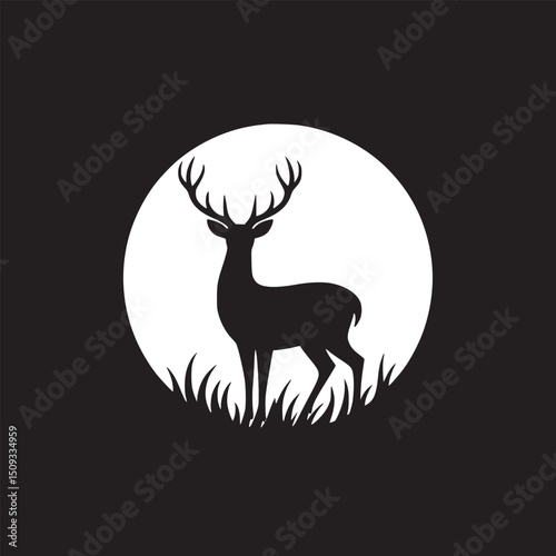 A silhouette of a deer with antlers standing in grass against a white circle on black background
