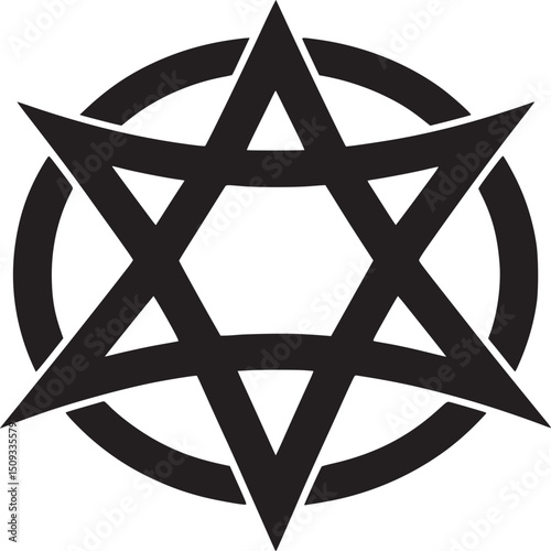 A black star of david encircled by a black ring on a white background in a minimalist illustration