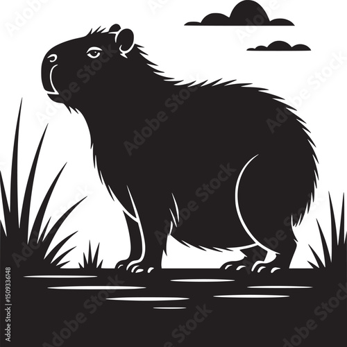 Black and white silhouette of a capybara standing in grass with clouds in the background art