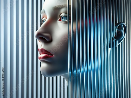 Abstract woman portrait with glass texture. Glitched and corrupted female face. Beautiful girl. Model hidden behind mirror pattern. White isolated Reeded Glass. Ribbed Background.