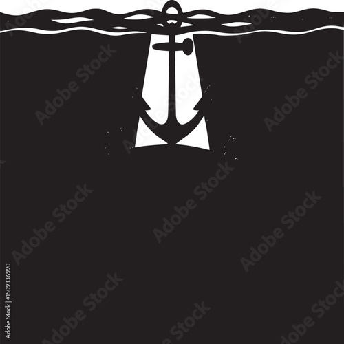 A black anchor resting on the seabed with light rays shining through the water above the anchor point