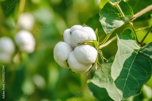 Detailed view of a green cotton boll on a plant in an organic cotton field set against a