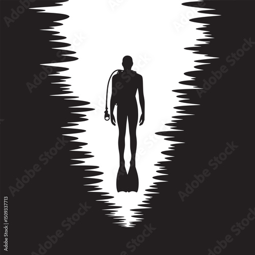 Silhouette of a diver with fins and scuba gear in a high contrast black and white composition