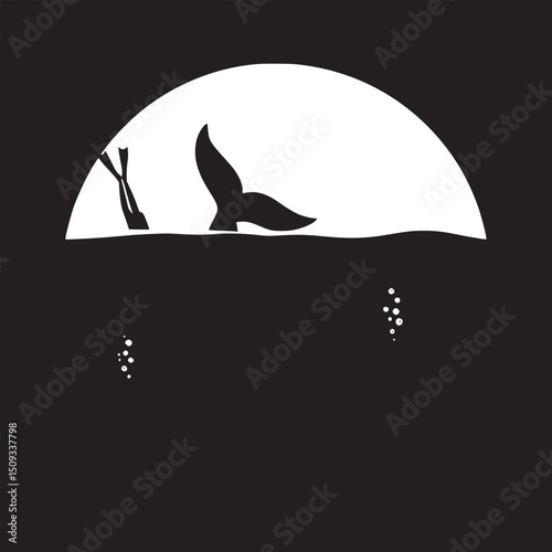 Silhouette of a whale and diver in a circular frame with coral and bubbles underwater scene art