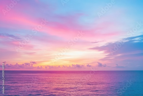 Evening twilight over the ocean with colorful clouds at dusk in summer
