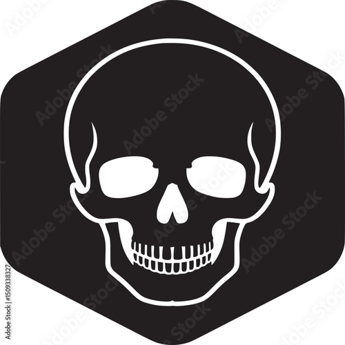 White skull outline on black hexagon background with rounded corners in a simple vector style