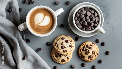 Inviting chocolate chip cookies with coffee on a soft gray background