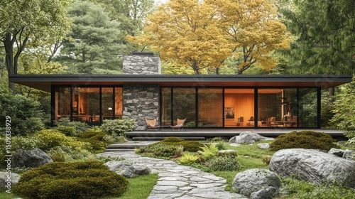 Fototapeta Naklejka Na Ścianę i Meble -  Modern home nestled in a lush forest