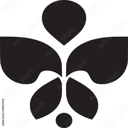 A minimalist black and white abstract floral design with a symmetrical petal arrangement and two circles
