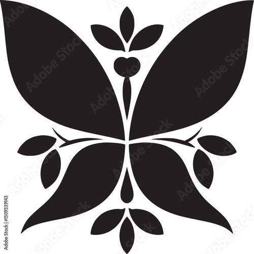 A symmetrical black and white design featuring stylized leaves and butterfly wing shapes pattern art