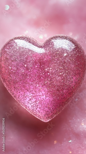 Shimmering pink heart shaped gel with glitter reflecting soft light on a delicate surface